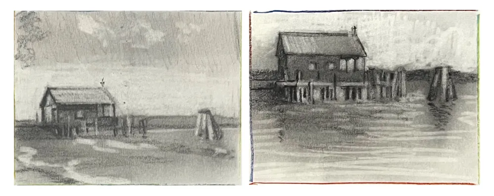 two graphite studies of a boat house