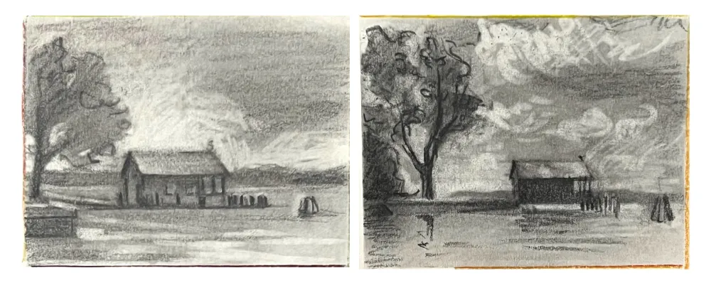 two graphite studies of a boat house