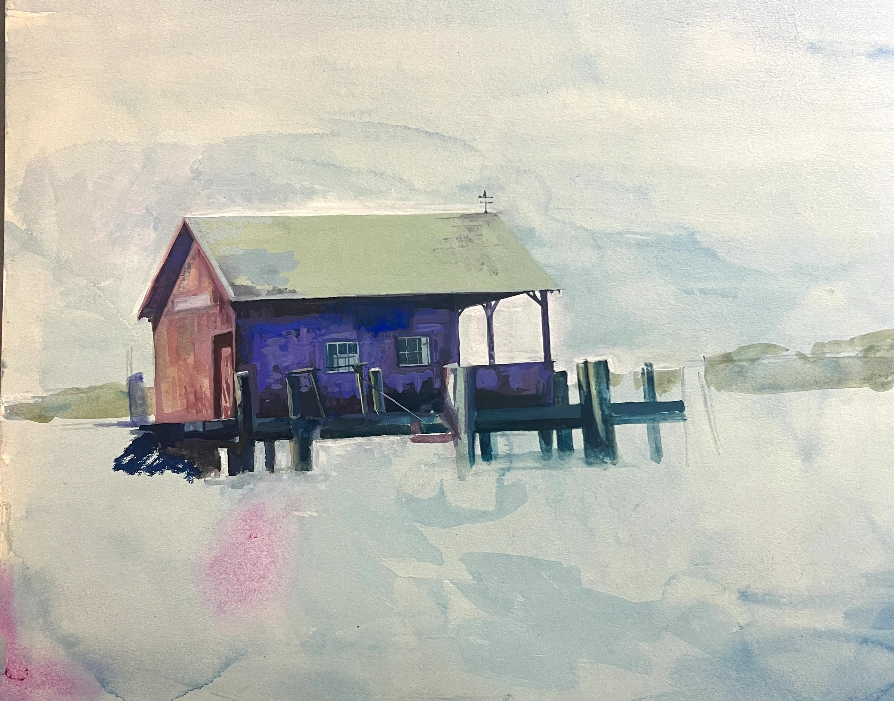 an unfinished watercolor and goauche painting of a boat house