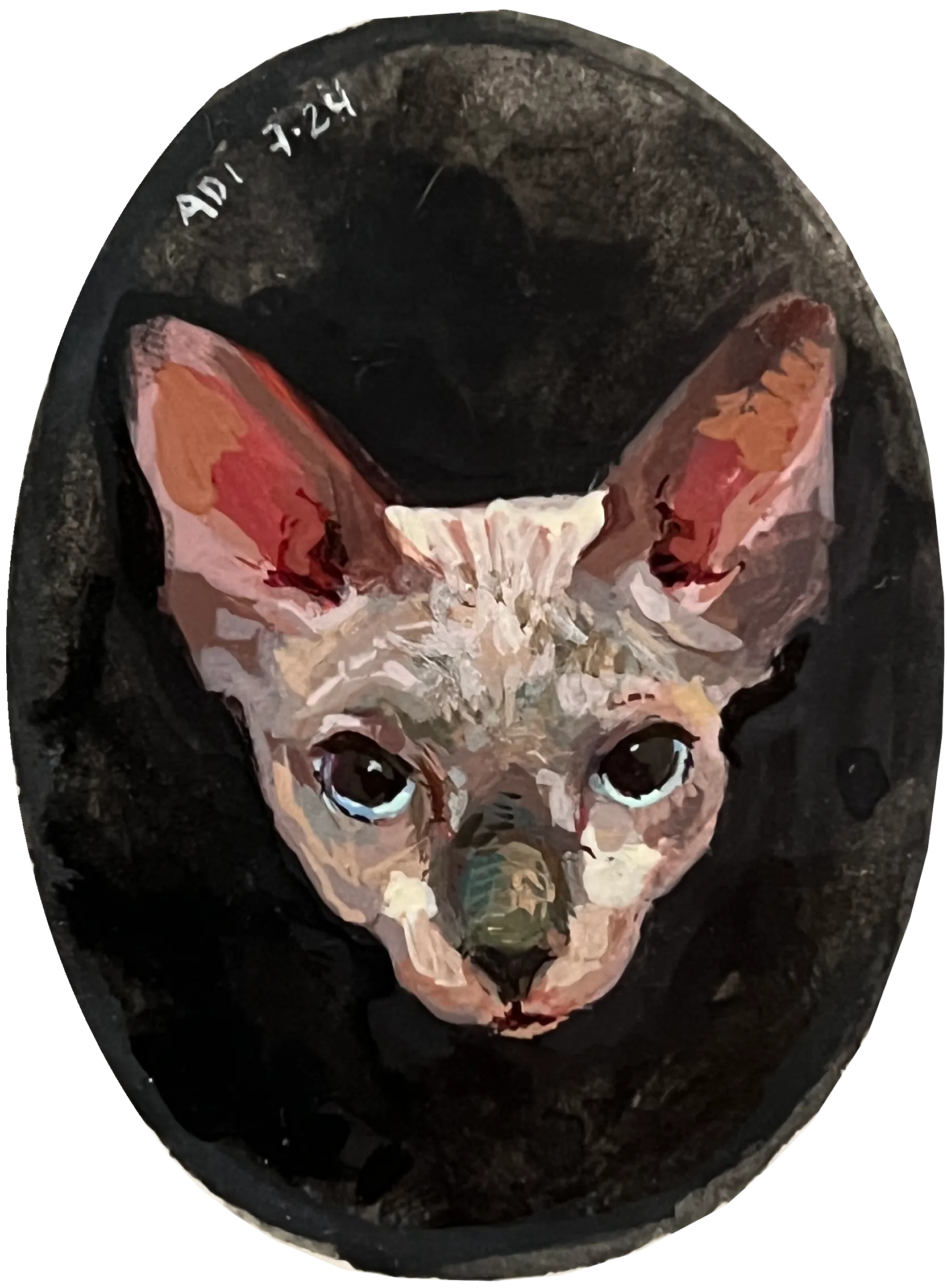 A painting of the head of a hairless cat. The background is black.