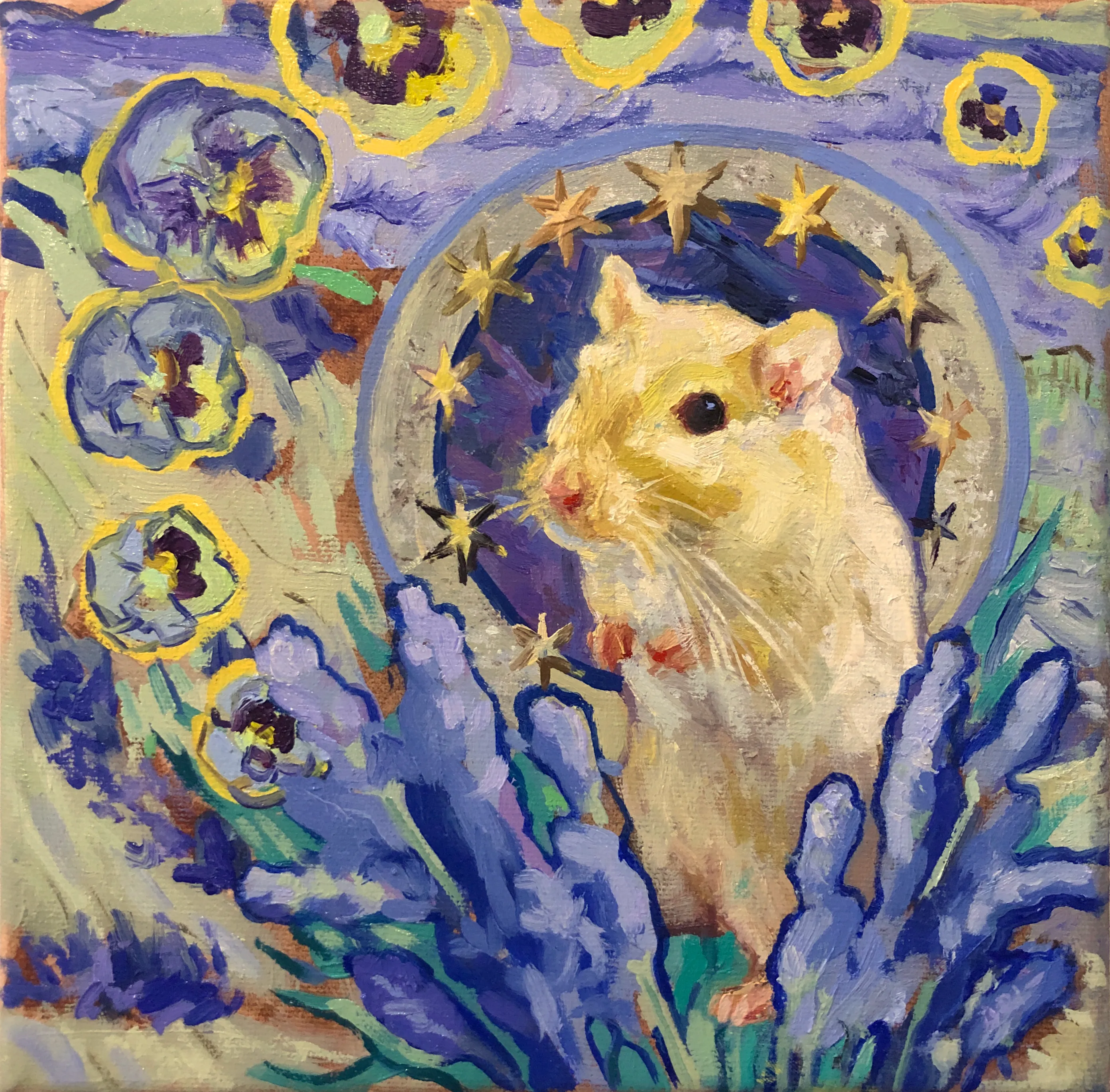 An oil painting of a blonde gerbil surrounded by various purple flowers.