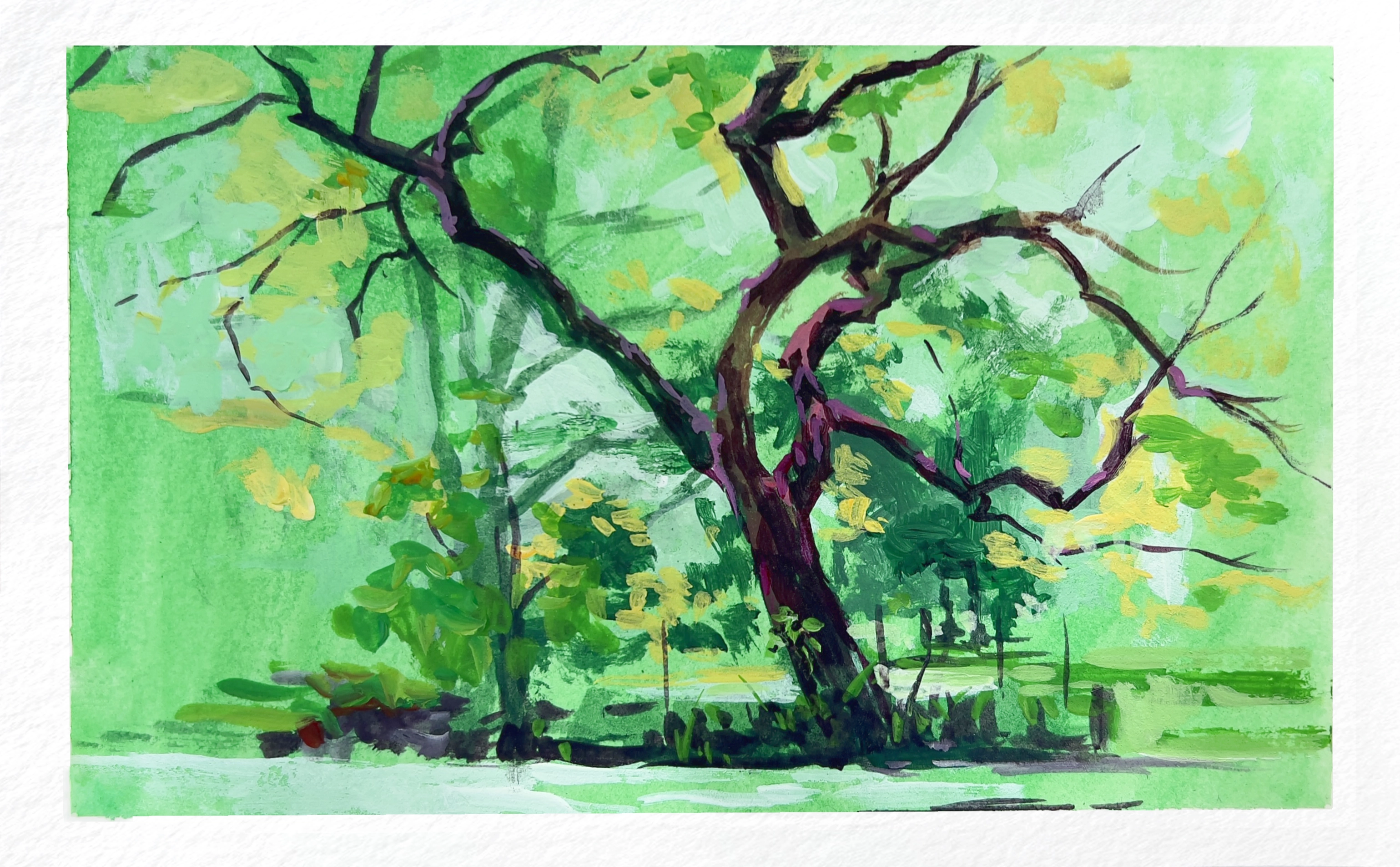 An acrylic painting of an apple tree. The painting is done with a limited palette. Yellow, green, and a muted shade of pink feature prominently.