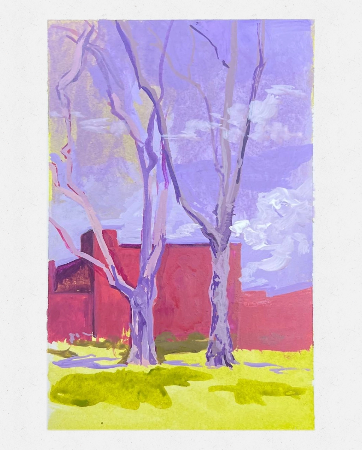 An acrylic painting of two trees. The trees are purple, have no folliage, and are set against a red industrial building. The painting is done with a limited palette, with red, purple, and yellow-green featuring prominently.