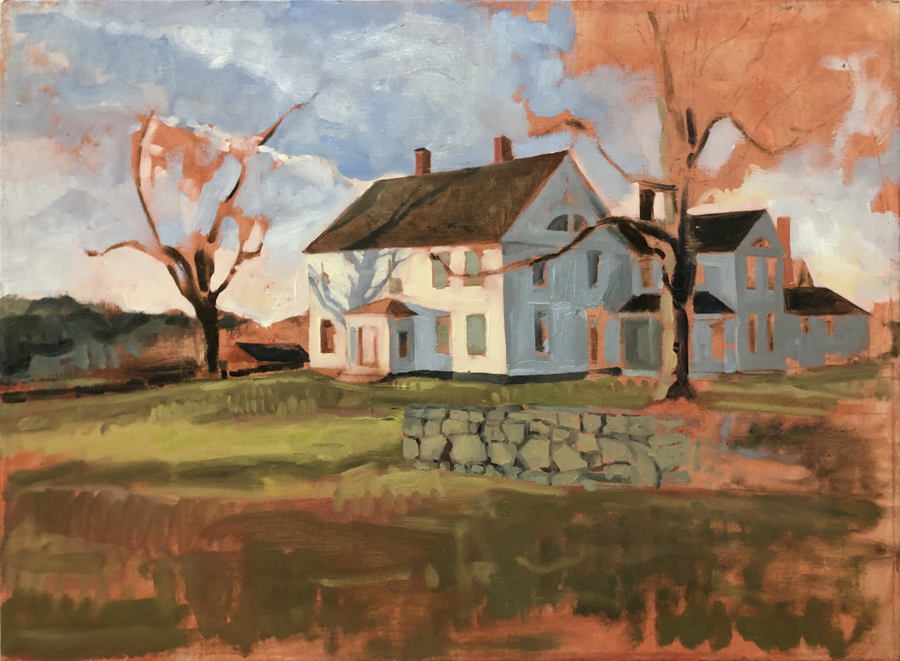 A progress shot of a painting of Ashlawn Farm. Most of the colors have been blocked in.