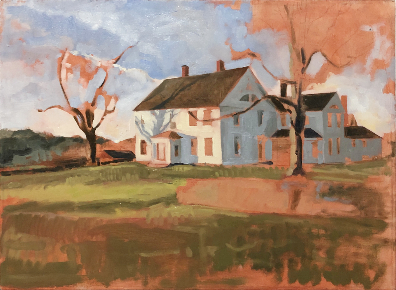 A progress shot of a painting of Ashlawn Farm. Most of the colors have been blocked in, but the stone wall is missing.