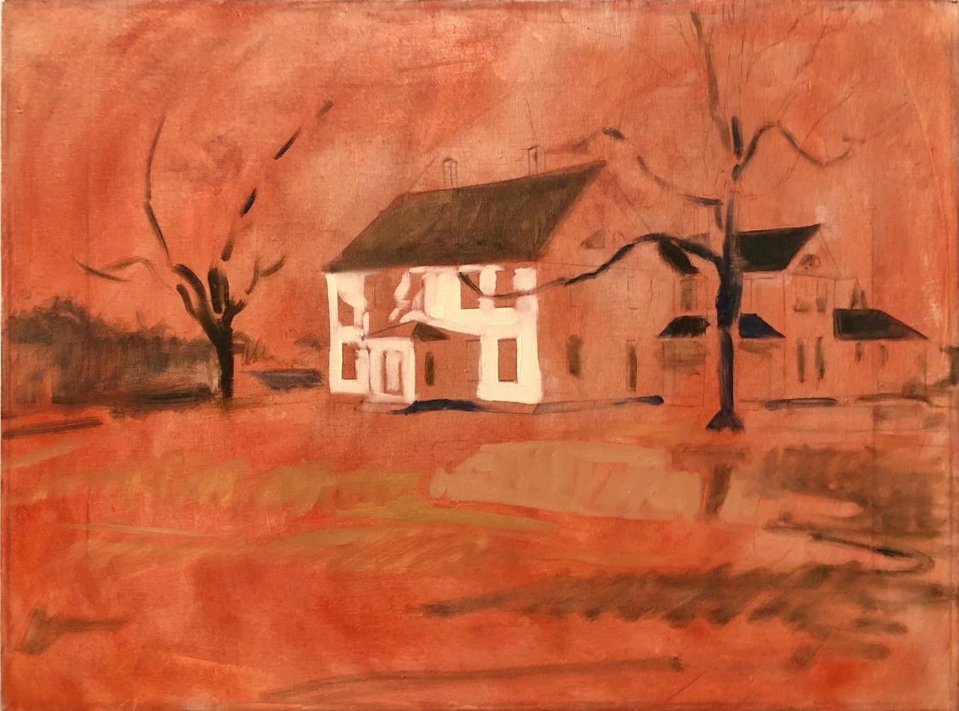 A progress shot of a painting of Ashlawn Farm. The sketch has been transferred to the canvas, but there is very little paint on the canvas. An earthy red imprimatura covers the surface.