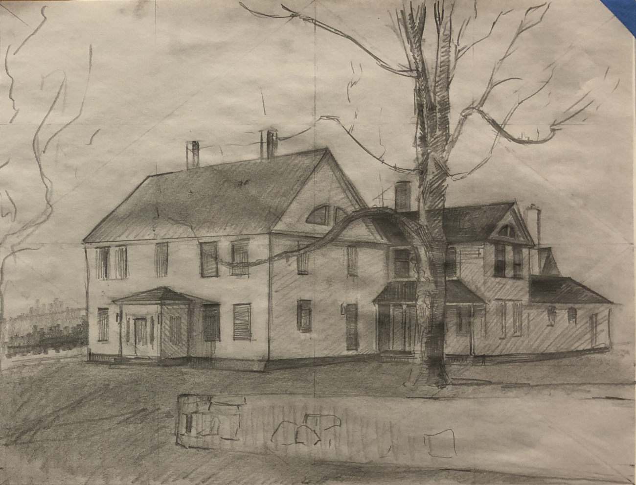 A photo of the graphite sketch that serves as the basis for the painting of Ashlawn Farm