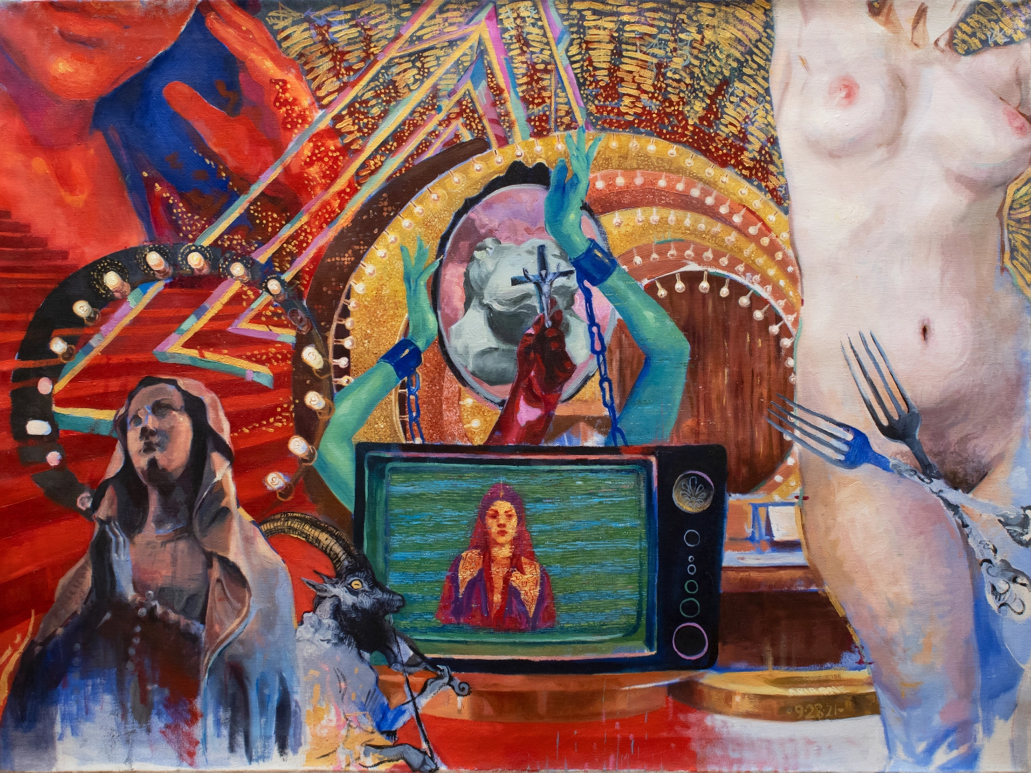 An oil paiting of many images seemingly collaged together. On the right is a naked body shown from the knees to the neck. In the center is a TV with a glitching portrait on the screen. On the left, a sculpture of the Virgin Mary prays at the foot of red-carpet stairs. A goat plays the violin to her right. Behind them all, the bottom half of a red figure's face is seen. The painting is dominated by gold and red.