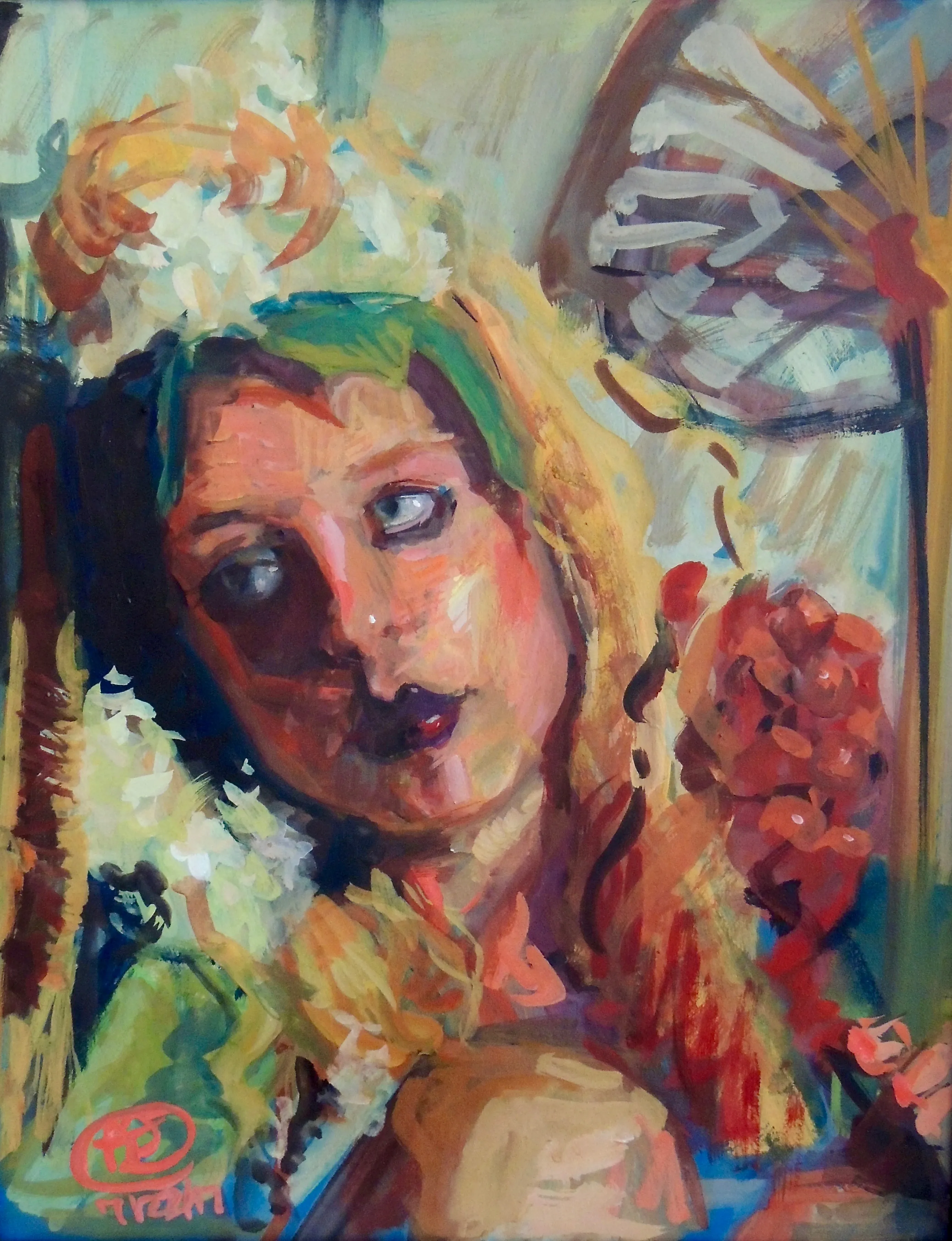 A gouache portrait of a girl whose face is half in shadow. She is surrounded by abstractly rendered flowers and fruit.