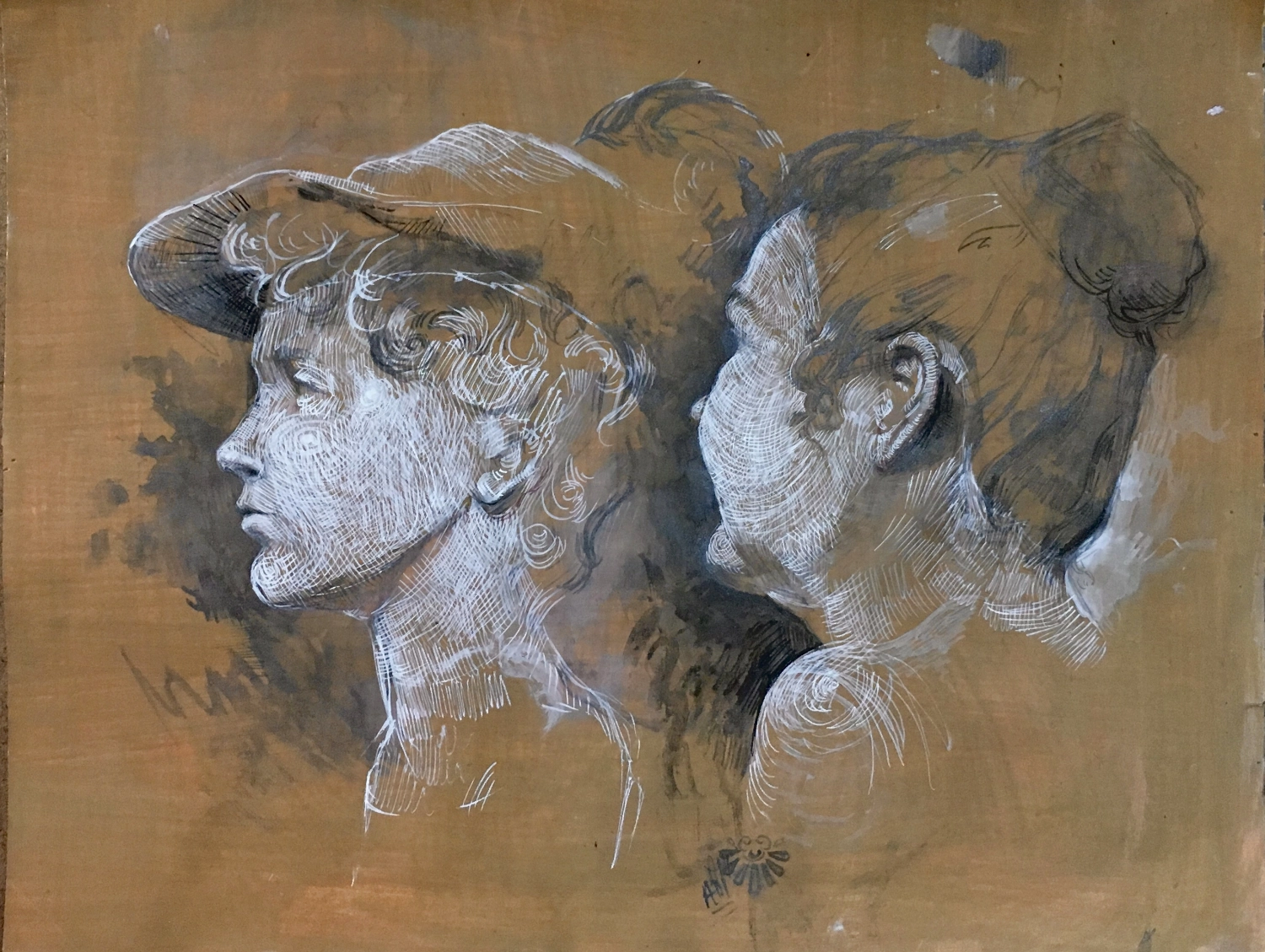 Two heads are drawn with gouache. One is a plaster cast of a boy in profile facing left. The other is a woman, also in profile and facing left.